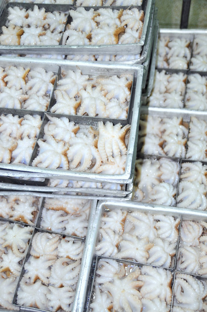Ahtapot hammadde Vietnam bir deniz ürünleri fabrikasında tepsisinde donmuş hazırdır - Fotoğraf, Görsel