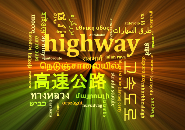 Autobahn mehrsprachige Wordcloud Hintergrundkonzept glühend - Foto, Bild
