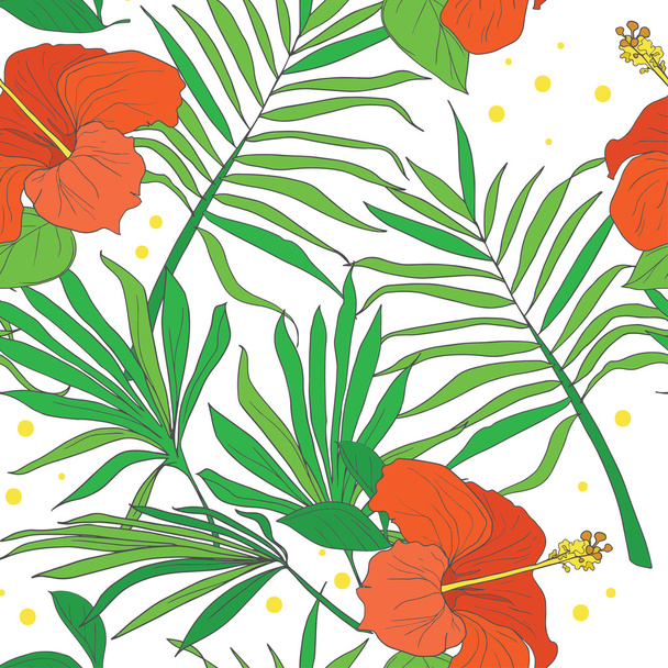 Padrão sem costura com flores de hibisco e folhas de palma
 - Vetor, Imagem