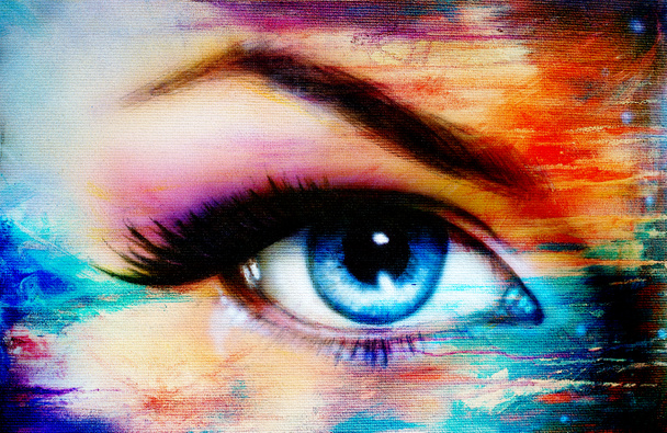 Olho de mulher azul com maquiagem violeta e rosa. Pintura a cores
  - Foto, Imagem