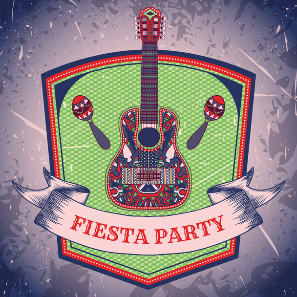 Etiqueta de fiesta mexicana con maracas y guitarra mexicana. Cartel de ilustración vectorial dibujado a mano con fondo grunge. Folleto o plantilla de tarjeta de felicitación
 - Vector, imagen