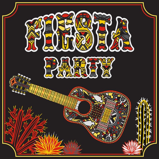 Мексиканская вечеринка с мексиканской гитарой, кактусами и колоритным этническим племенным названием. Ручной рисунок векторного плаката с гранжевым фоном. Шаблон флайера или поздравительной открытки
 - Вектор,изображение