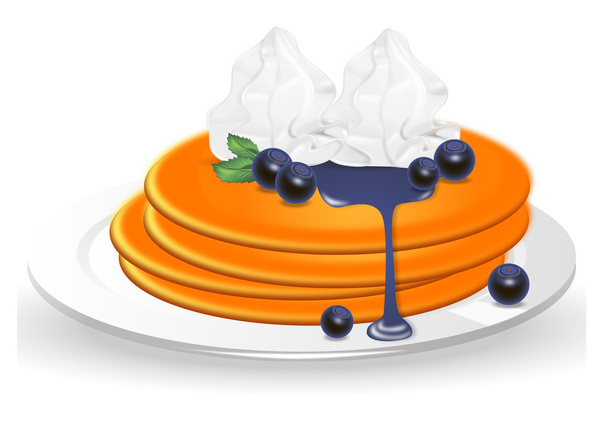 pancakes with blueberries and whipped cream on a plate on white background - Vektor, Bild