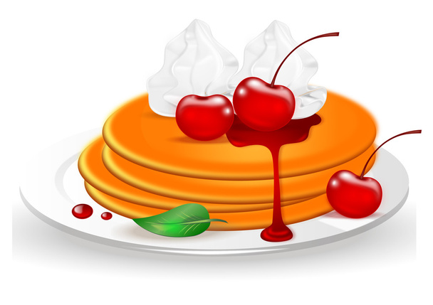 Pfannkuchen mit Kirschen auf Teller auf weißem Hintergrund - Vektor, Bild