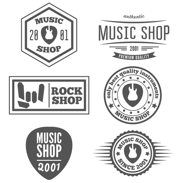 Σύνολο στοιχεία του τρυγητού λογότυπο, σήμα, έμβλημα ή λογότυπο για μουσική κατάστημα, κατάστημα κιθάρα - Διάνυσμα, εικόνα