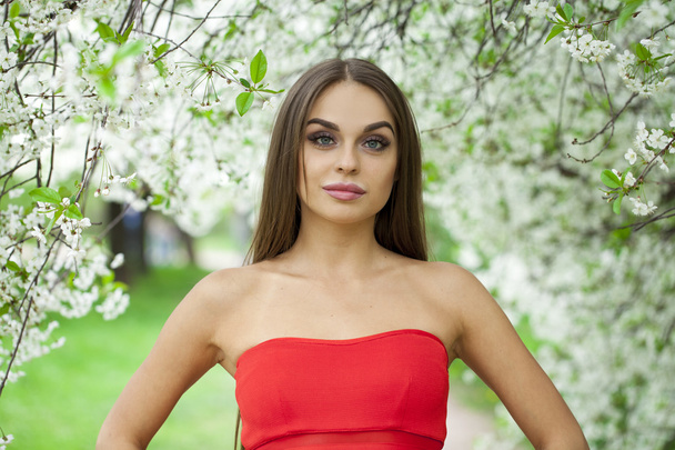 Portrait of a beautiful young girl in red dress on the backgroun - Foto, Bild