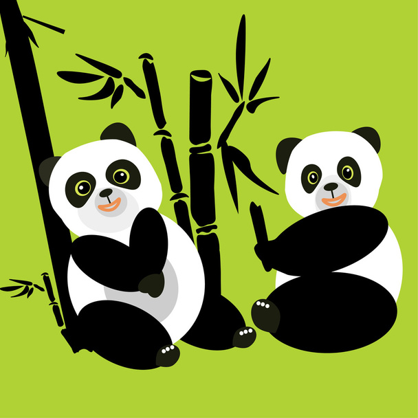 Dois pandas sentam-se na floresta e comem bambu
 - Vetor, Imagem