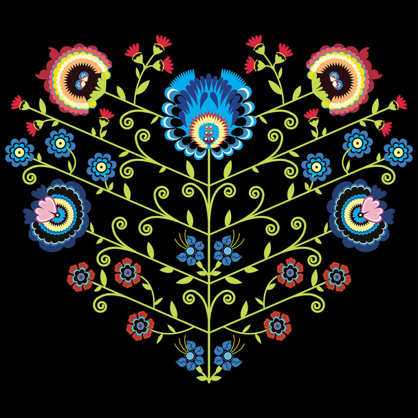 Polish folk floral pattern in heart shape on black background - Vector, Image