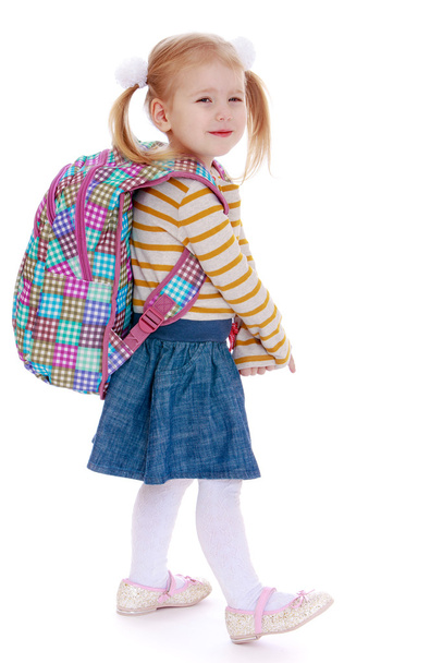 Adorable little girl in pigtails with a big knapsack on his back - 写真・画像