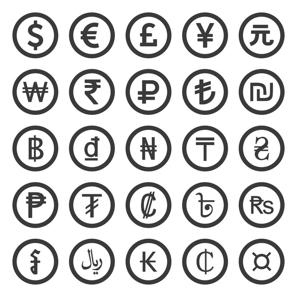 Conjunto de ícones de moeda. Preto sobre fundo branco
 - Vetor, Imagem