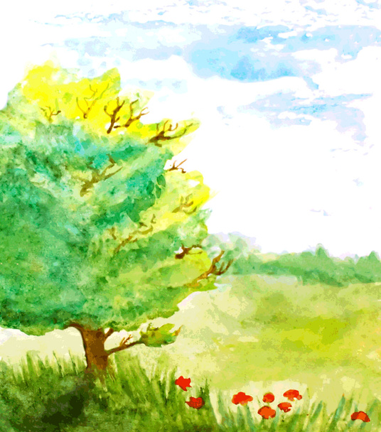 watercolor landscape with tree, flowers and sky. vector illustra - Vecteur, image