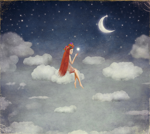 Image of a young woman on cloud,  lit  star  in night sky - Photo, Image