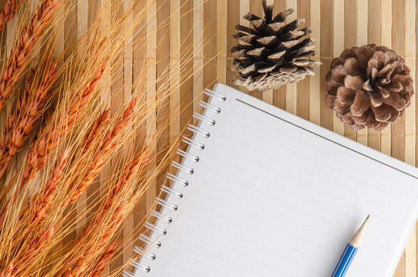 taccuino bianco con matita su sfondo di bambù marrone
 - Foto, immagini