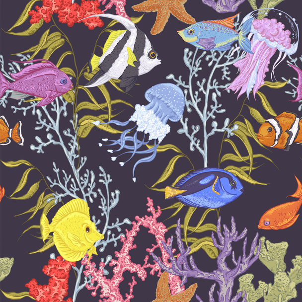 Sea life seamless background, underwater vector illustration - Vektor, obrázek