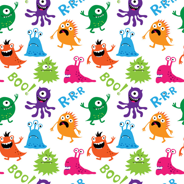 Seamless pattern with cute monsters and inscriptions - Vecteur, image