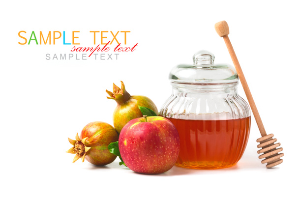 Honey jar and fresh apples with pomegranate - Фото, зображення