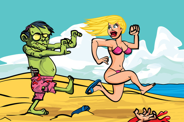 kreskówka zombi przed goniącymi bikini dziewczyny na plaży - Wektor, obraz