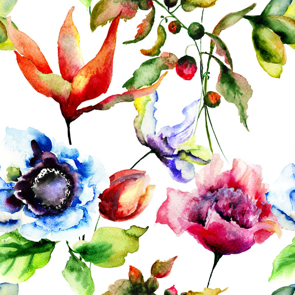 Seamless pattern with Stylized spring flowers - Zdjęcie, obraz