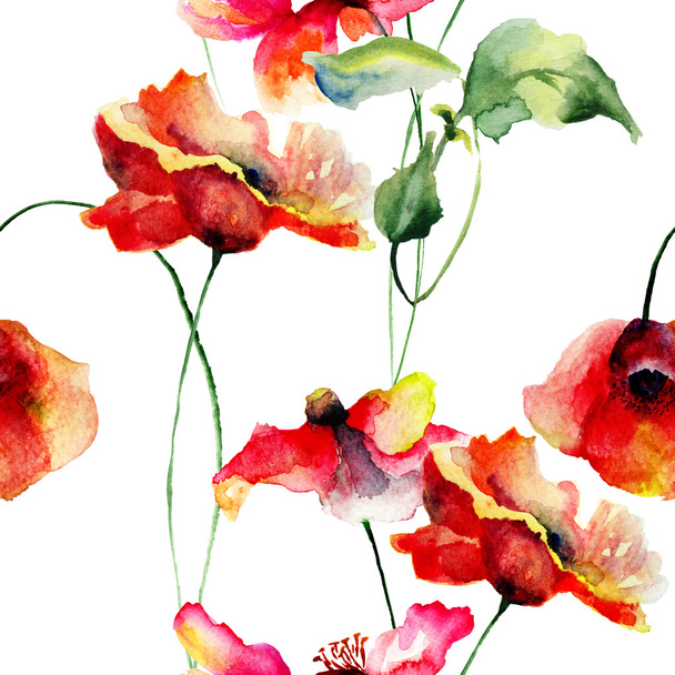 Seamless wallpaper with Poppies flowers - Fotoğraf, Görsel