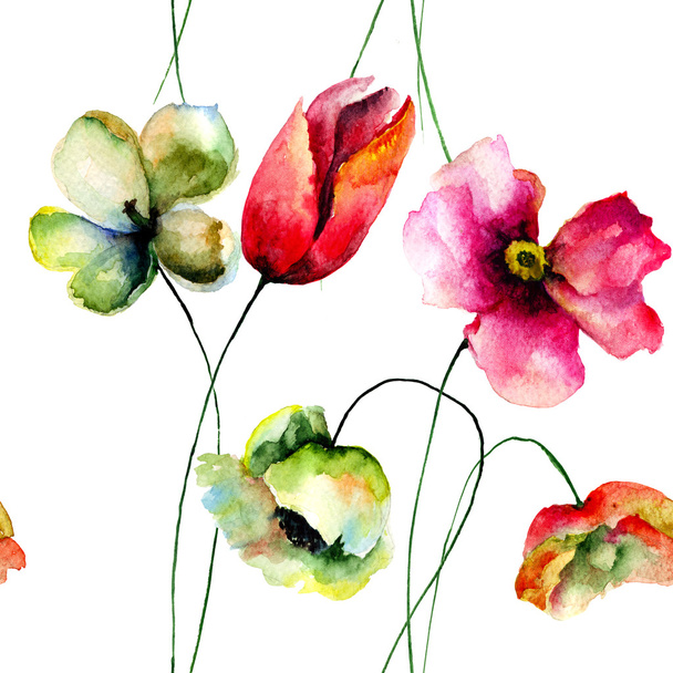 nahtloses Muster mit Mohn und Tulpenblüten - Foto, Bild