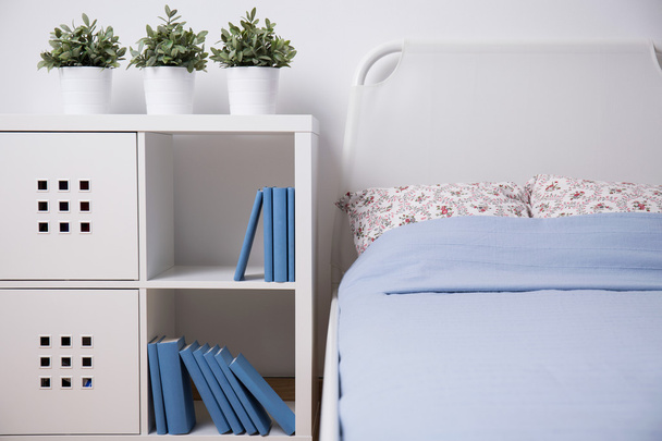 bedroom with shelf and books - Fotoğraf, Görsel