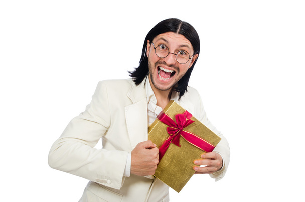 Человек с коробкой подарков изолирован
 - Фото, изображение