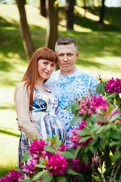 Pregnant couple in the park - Фото, изображение