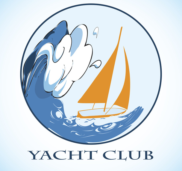 Round sea motive.Yacht club emblem.Orange yacht and big wave - Διάνυσμα, εικόνα