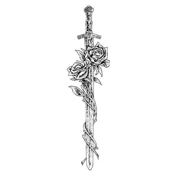 меч и розы
 - Вектор,изображение
