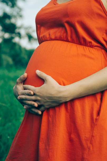 Mujer embarazada, sosteniendo en las manos ramo de margaritas
  - Foto, Imagen