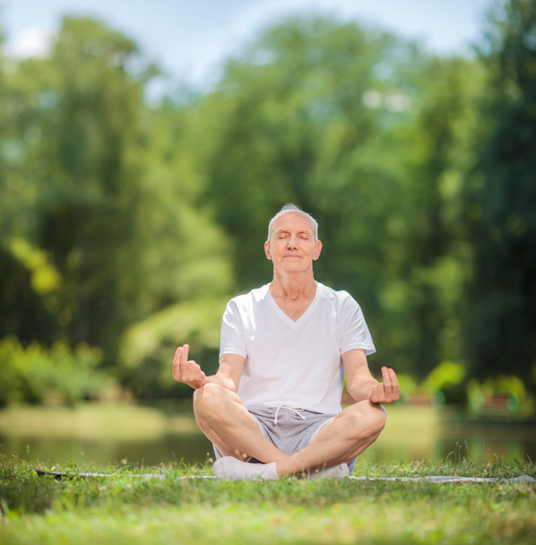Meditál békés magas rangú ember ül egy parkban  - Fotó, kép