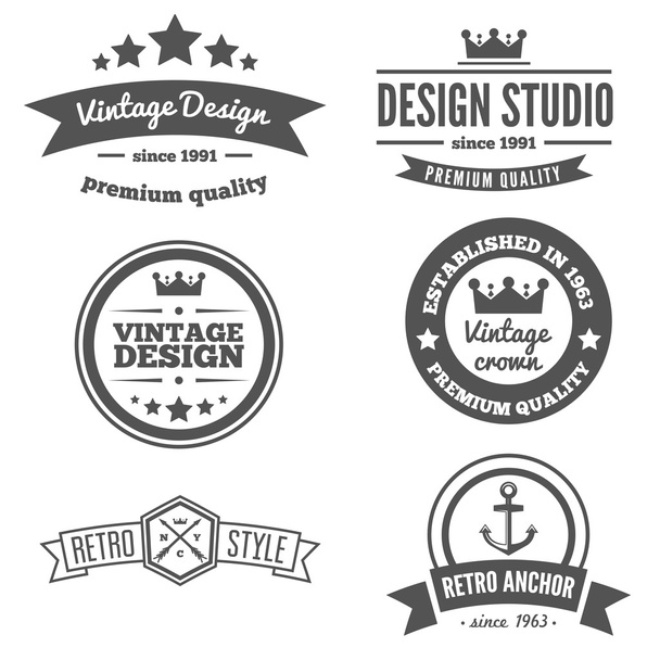 Retro Vintage Insignias lub zestaw Logotypów. Elementy konstrukcyjne wektorów, znaki firmowe, logo, tożsamość, etykiety, odznaki i przedmioty - Wektor, obraz