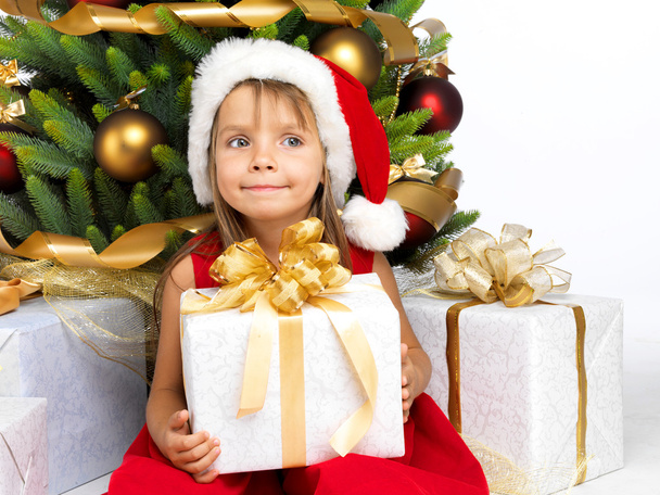 Pretty girl with present near the Cristmas tree - Photo, Image