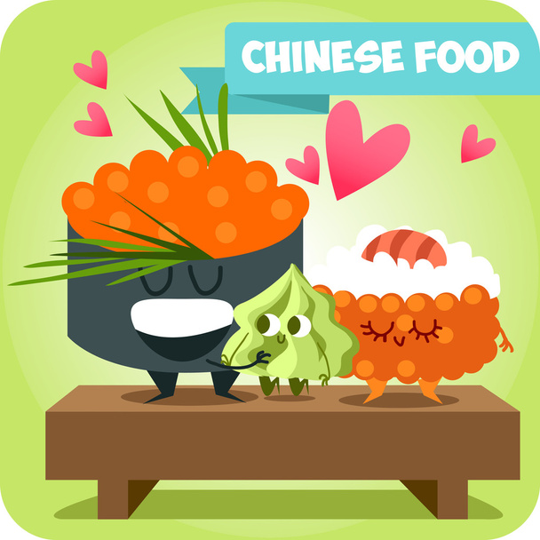 Funny characters. Japanese food. - Vector, Image