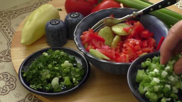 wiosna sałatka z pomidora, ogórka i cebuli - Materiał filmowy, wideo