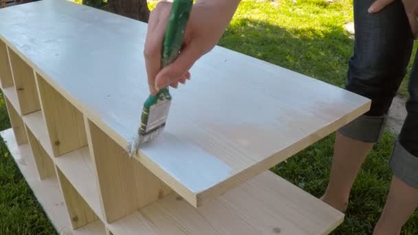 Ręka pędzelkiem malowanie mebli drewnianych. - Materiał filmowy, wideo