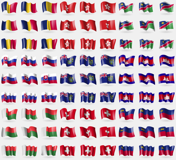 Chad, Hong Kong, Namibya, Slovakya, Pitcairn Adaları, Kamboçya, Madagaskar, İsviçre, Liechtenstein. 81 bayraklar büyük kümesi. Vektör - Vektör, Görsel