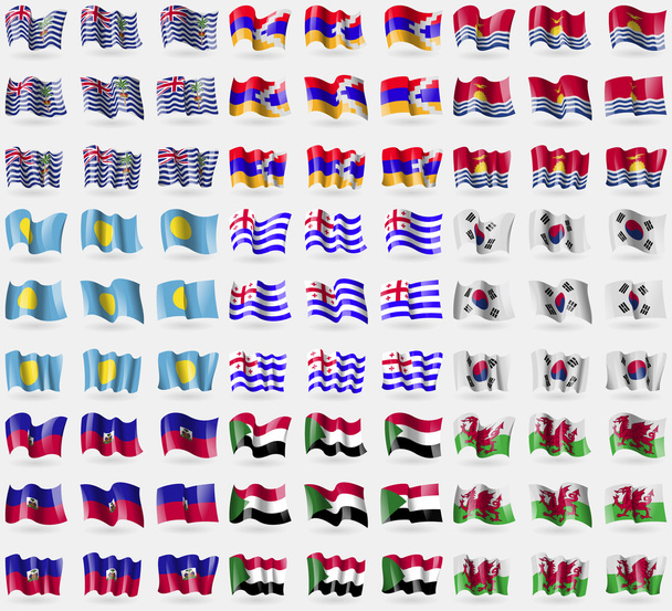 Territorio Británico del Océano Índico, República Karabaj, Kiribati, Palaos, Ajaria, Corea del Sur, Haití, Sudán, Gales. Gran juego de 81 banderas. Vector
 - Vector, imagen