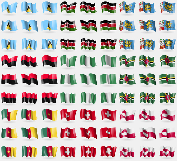 Sainte-Lucie, Kenya, Saint-Pierre-et-Miquelon, UPA, Nigeria, Dominique, Cameroun, Suisse, Groenland. Grand ensemble de 81 drapeaux. Vecteur
 - Vecteur, image