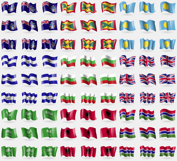 Tristan da Cunha, Grenada, Palau, El Salvador, Bulharsko, Velká Británie, Saúdská Arábie, Albánie, Gambie. Velká sada 81 příznaků. Vektorové ilustrace - Vektor, obrázek