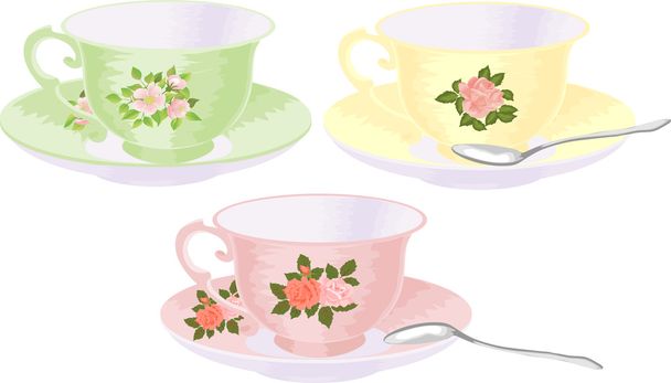 Vektor-Set von Tassen im Vintage-Stil mit floralem Muster. - Vektor, Bild