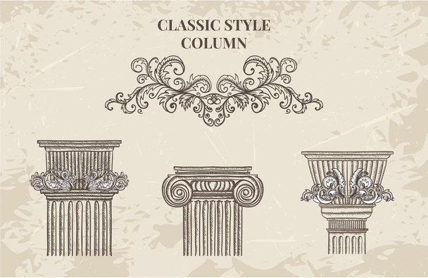 antike und barocke Säulenvektorset im klassischen Stil. Vintage architektonische Details Gestaltungselemente auf Grunge-Hintergrund im Skizzenstil - Vektor, Bild