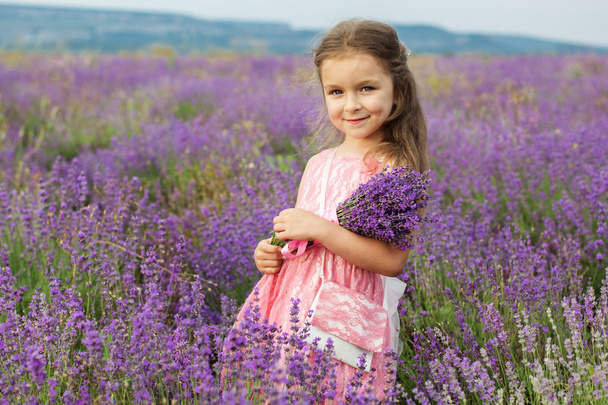 Cute little child girl in meadow of lavender - Foto, imagen