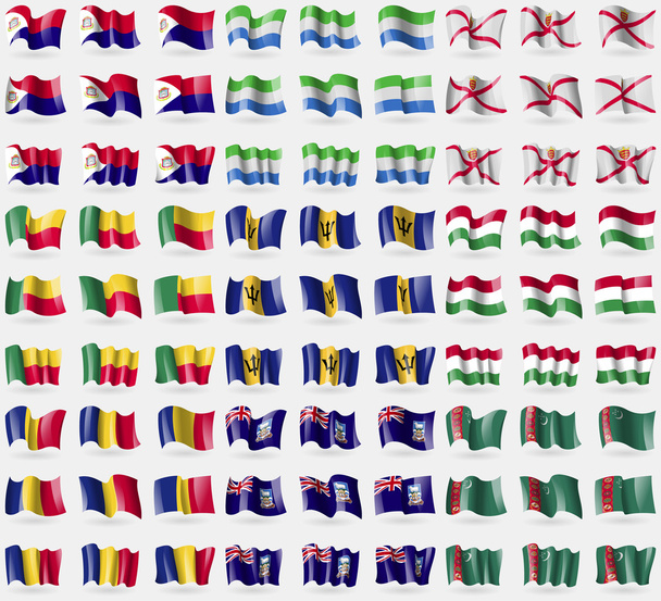 São Martinho, Serra Leoa, Jersey, Benim, Barbados, Hungria, Roménia, Ilhas Malvinas, Turquemenistão. Um grande conjunto de 81 bandeiras. Vetor
 - Vetor, Imagem