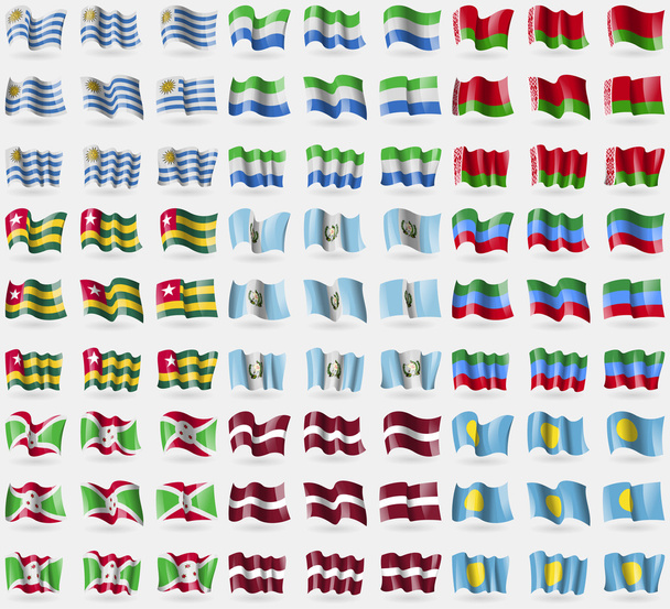Uruguay, Sierra Leona, Bielorrusia, Togo, Guatemala, Daguestán, Burundi, Letonia, Palaos. Gran juego de 81 banderas. Vector
 - Vector, Imagen