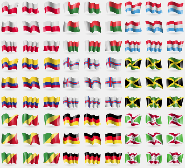Polonia, Madagascar, Lussemburgo, Colombia, Isole Faroe, Giamaica, Repubblica del Congo, Germania, Burundi. Un gran numero di 81 bandiere. Vettore
 - Vettoriali, immagini