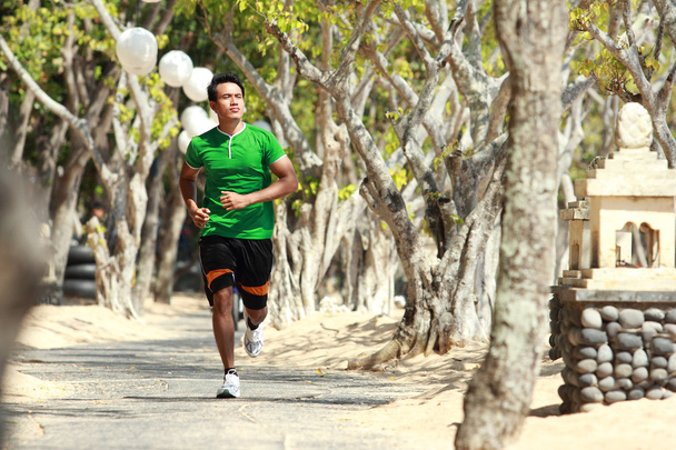 Asian young man running on the alley with trees alongside, Sport - Foto, Imagen
