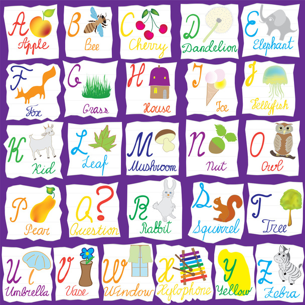 Англійського алфавіту з літер, слів і картинок, ізольовані на фіолетовий фонової м - Вектор, зображення