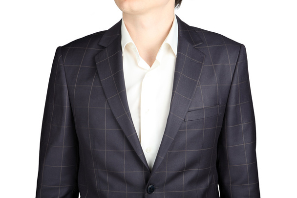 Closeup gray checkered  suit coat for men, isolated over white. - Fotografie, Obrázek