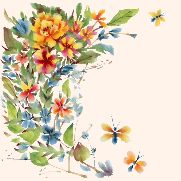 Watercolor flowers and butterflies - Вектор, зображення